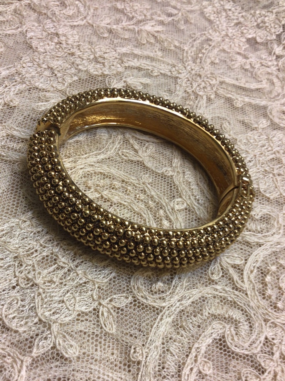 Classic Hinged Gold Cuff Bracelet Beaded Caviar Design Signed Logo